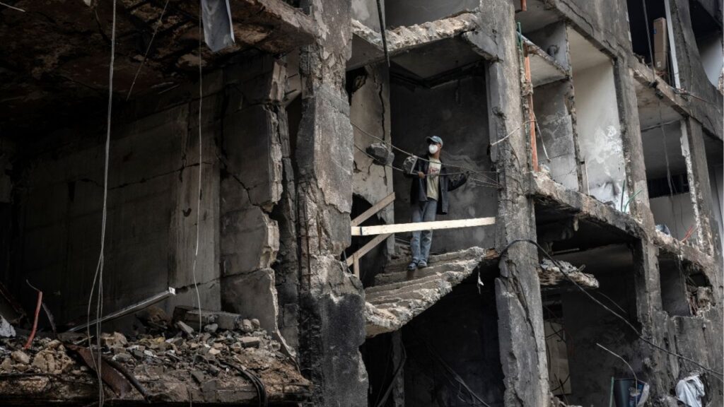 A building that was destroyed by Israeli strikes in Beirut, April 11, 2026. With Israel’s bombardment of Lebanon and widened ground invasion leaving the cease-fire with Iran on shaky ground, Israeli and Lebanese officials were expected to hold rare talks on Tuesday in Washington to try to find a way forward. (David Guttenfelder/The New York Times)