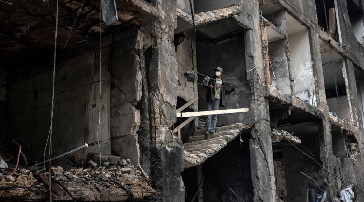 A building that was destroyed by Israeli strikes in Beirut, April 11, 2026. With Israel’s bombardment of Lebanon and widened ground invasion leaving the cease-fire with Iran on shaky ground, Israeli and Lebanese officials were expected to hold rare talks on Tuesday in Washington to try to find a way forward. (David Guttenfelder/The New York Times)