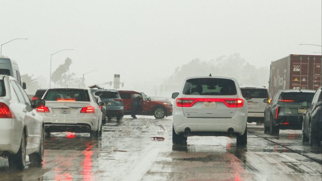 A car spins-out on the freeway during a "winter rain storm" near Mission Viejo, California, U.S., October 14, 2025. (Reuters File)