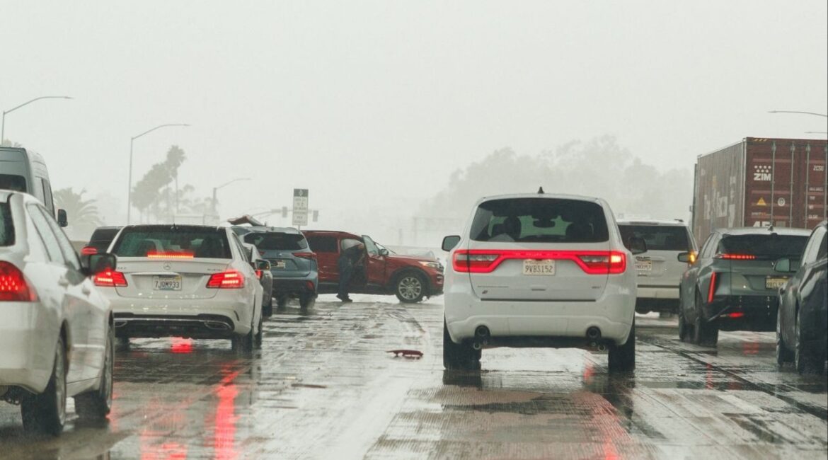 A car spins-out on the freeway during a "winter rain storm" near Mission Viejo, California, U.S., October 14, 2025. (Reuters File)