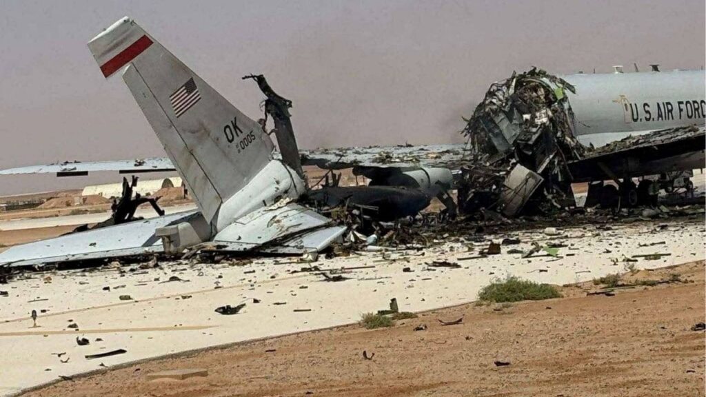 A damaged U.S. Boeing E-3 Sentry airborne warning and control aircraft following an Iranian strike on the airbase, amid the U.S.-Israeli conflict with Iran, at Prince Sultan Air Base in Saudi Arabia in this picture obtained from social media released on March 29, 2026. (Social Media via Reuters)