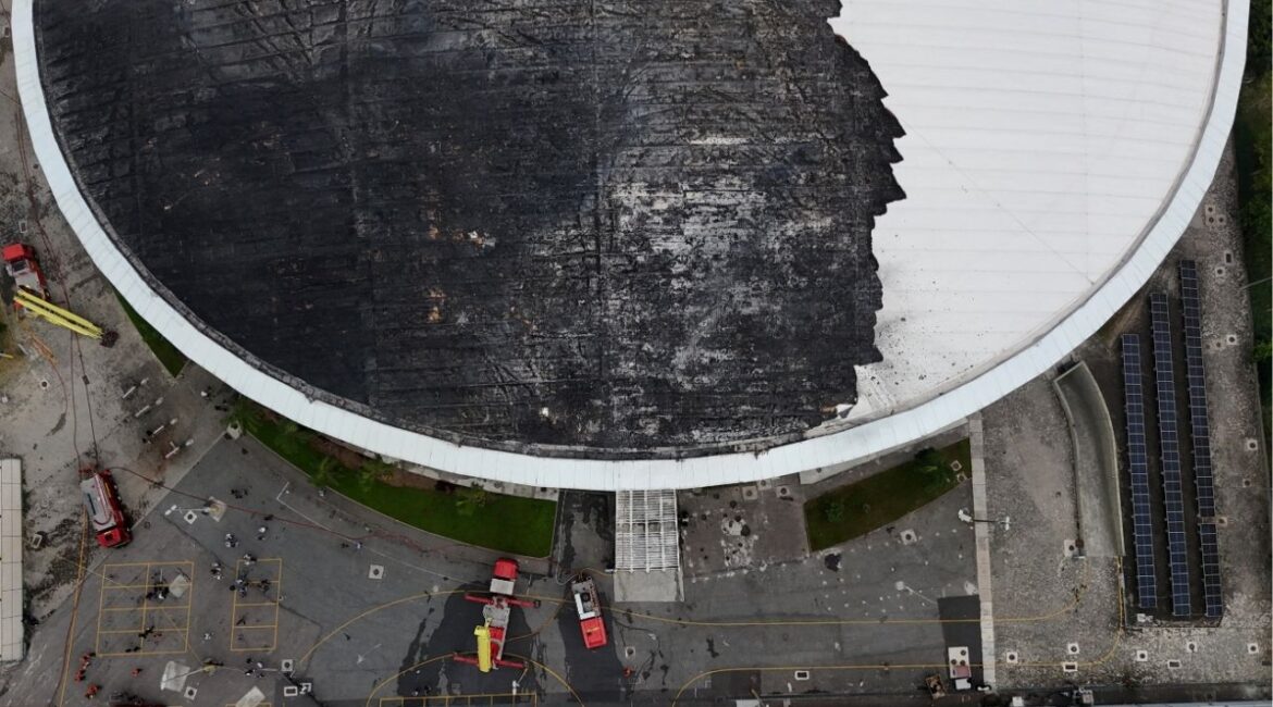 A drone view shows the damage of the Velodrome after a fire at the Olympic park, which was used for the Rio 2016 Olympic Games in Rio de Janeiro, Brazil April 8, 2026. (Reuters/Pilar Olivares)