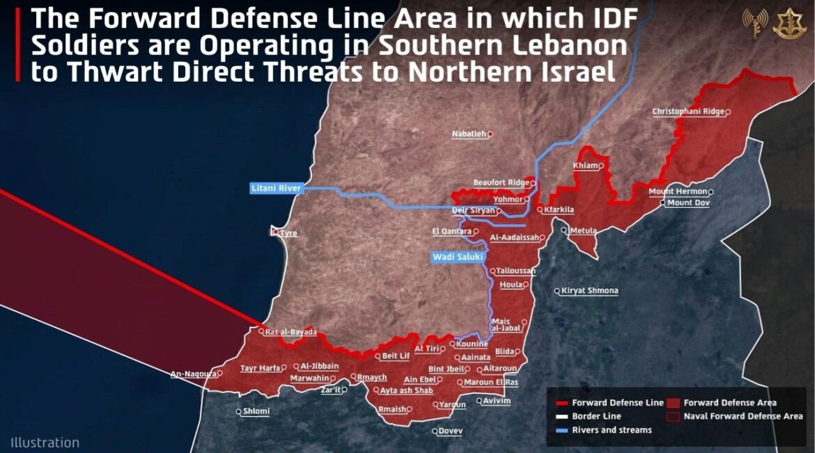 A handout graphic of a map, according to the Israeli military, shows the Forward Defense Line and the area in which they are operating in southern Lebanon, published on April 19, 2026. Israel Defence Forces/Handout via REUTERS