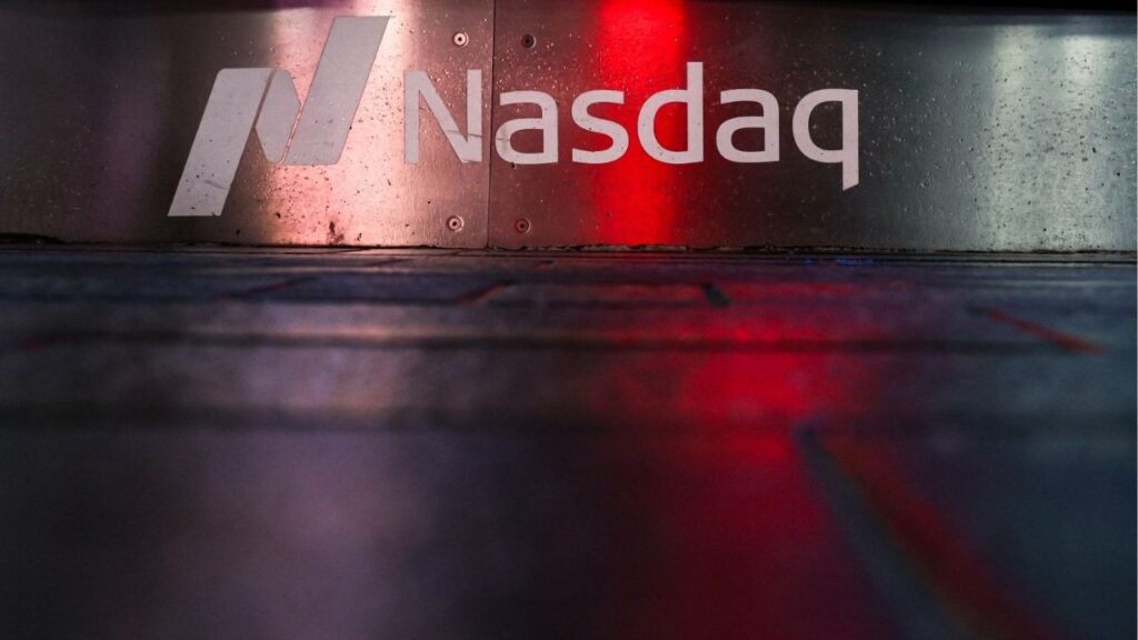 A logo is displayed at the Nasdaq stock market site in New York City, U.S., April 7, 2025. (Reuters/Kylie Cooper)