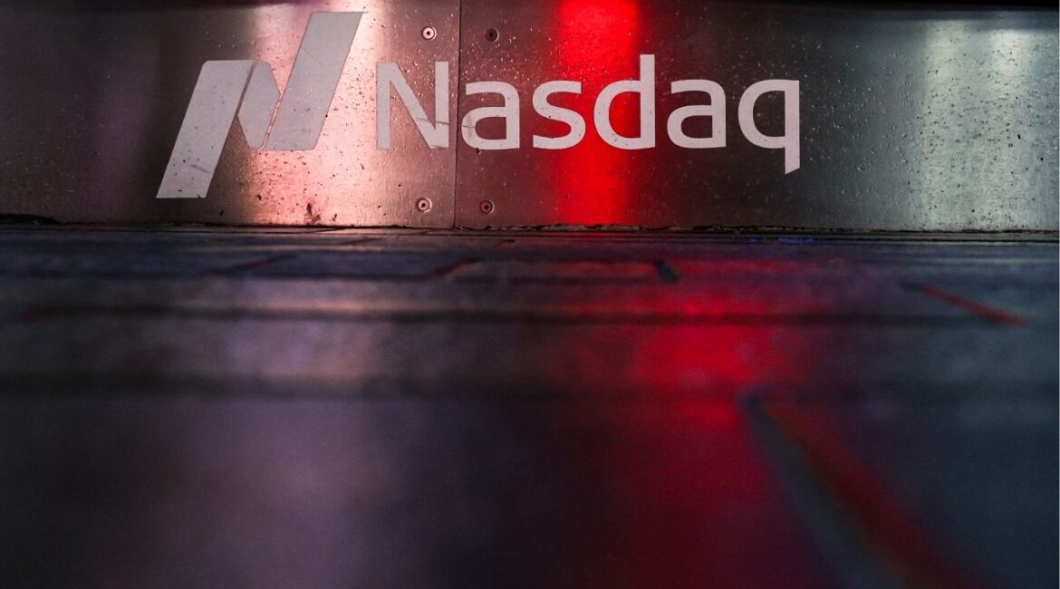 A logo is displayed at the Nasdaq stock market site in New York City, U.S., April 7, 2025. (Reuters/Kylie Cooper)