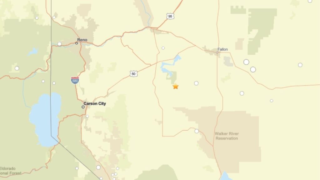 A magnitude 4.7 earthquake struck 18 kilometers southeast of Silver Springs, Nevada, at a depth of 13.8 kilometers, according to automatic seismic data. (USGS)