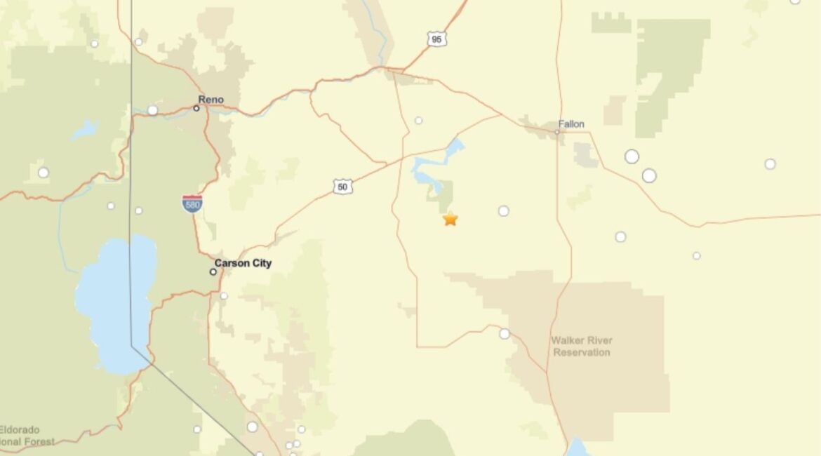 A magnitude 4.7 earthquake struck 18 kilometers southeast of Silver Springs, Nevada, at a depth of 13.8 kilometers, according to automatic seismic data. (USGS)