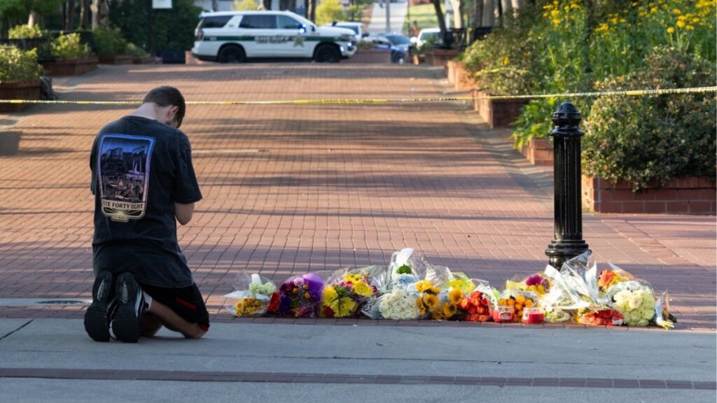 A makeshift memorial of flowers on the police perimeter of a shooting that killed two people and injured several others on the Florida State University campus, April 17, 2025. Florida’s attorney general said on Tuesday that an inquiry his office opened this month into ChatGPT and its parent company, OpenAI, has become a criminal investigation, based on a review of messages between the chatbot and the man accused of killing two people at Florida State University last year. (Erich Martin/The New York Times)