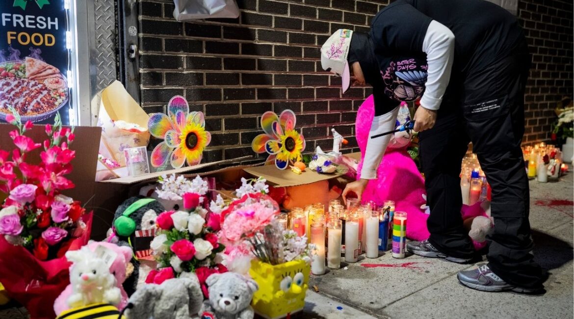 A makeshift memorial where Kaori Patterson-Moore, a 7-month-old baby, was killed by a stray bullet in the Williamsburg neighborhood of Brooklyn, April 3, 2026. The father of an infant who was killed earlier this month when a stray bullet struck her was the target of the shooter, the police said on Tuesday, April 22, 2026. (Vincent Alban/The New York Times)