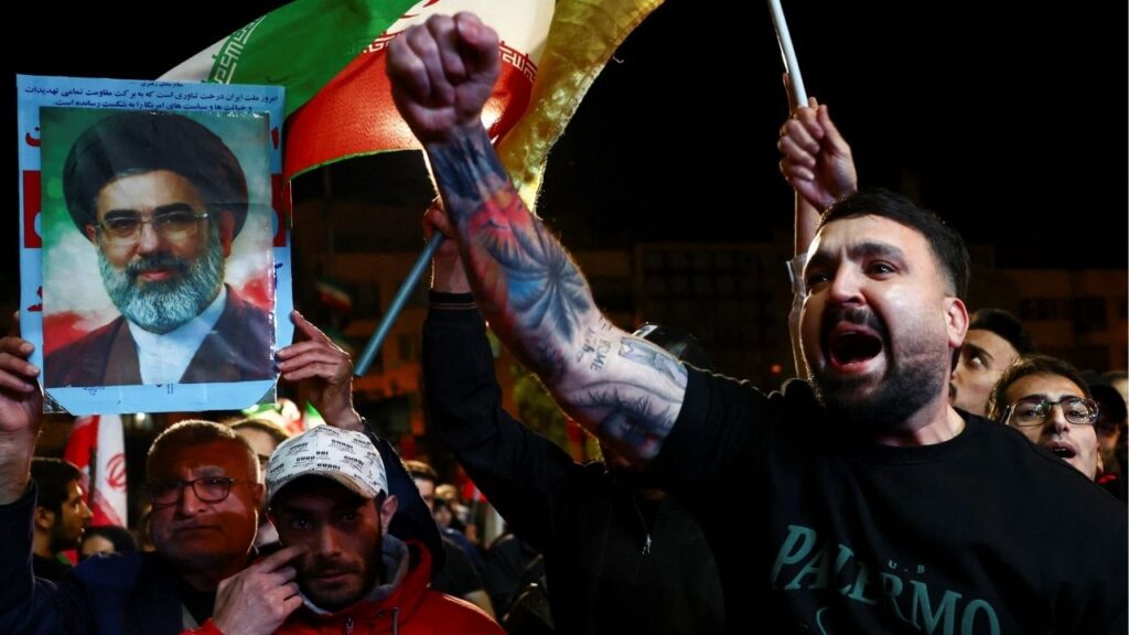 A man shouts slogans as people gather after a two-week ceasefire in the Iran war was announced, in Tehran, Iran, April 8, 2026. Majid Asgaripour/WANA (West Asia News Agency) via REUTERS