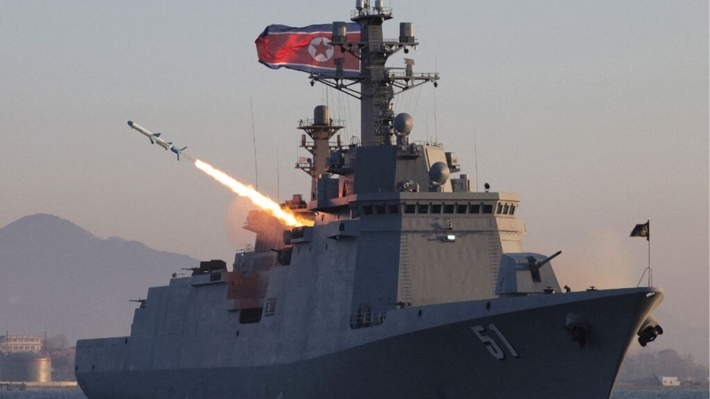A missile is fired during a test-fire of strategic cruise missiles and anti-warship missiles from the destroyer Choe Hyon, North Korea, April 12, 2026, in this photo released by North Korea's Korean Central News Agency (KCNA), April 14, 2026. (KCNA via REUTERS)