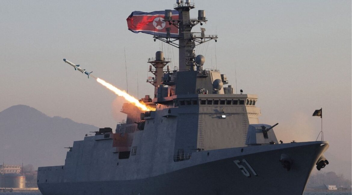 A missile is fired during a test-fire of strategic cruise missiles and anti-warship missiles from the destroyer Choe Hyon, North Korea, April 12, 2026, in this photo released by North Korea's Korean Central News Agency (KCNA), April 14, 2026. (KCNA via REUTERS)