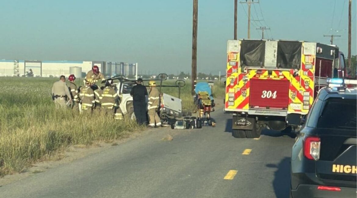 A person was trapped inside a truck after it crashed into a power pole Wednesday, April 8, 2026, morning on Avenue 320 in Tulare County, prompting a rescue response and road closure. (Tulare County FD)
