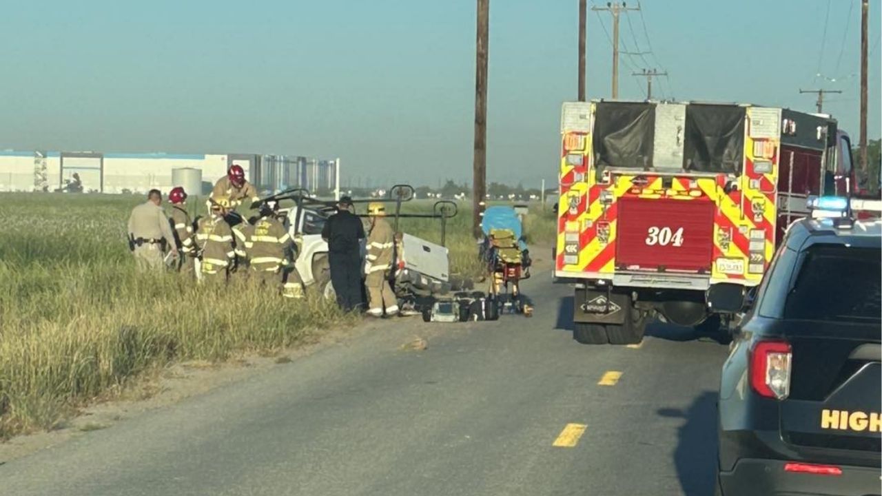 A person was trapped inside a truck after it crashed into a power pole Wednesday, April 8, 2026, morning on Avenue 320 in Tulare County, prompting a rescue response and road closure. (Tulare County FD)