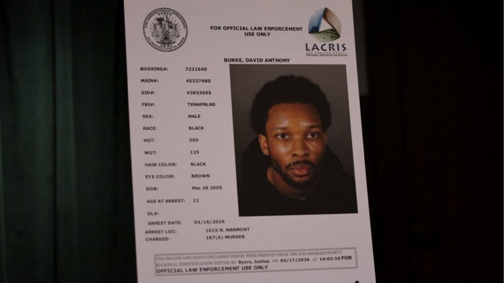 A picture of musician David Anthony Burke, known professionally as d4vd, is displayed during a press conference, in Los Angeles, California, U.S., April 20, 2026. (Reuters/Daniel Cole)