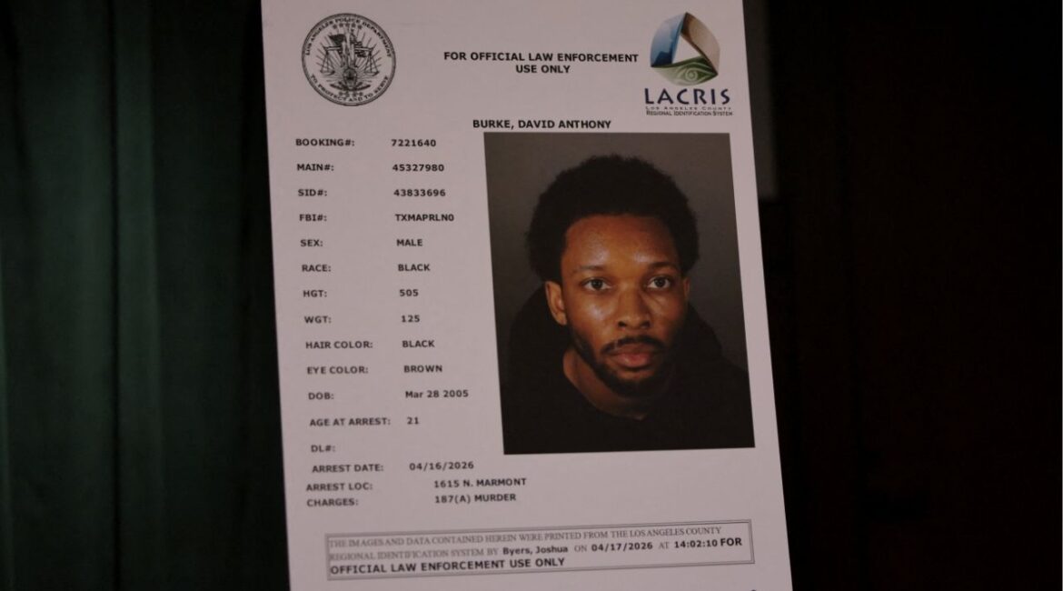 A picture of musician David Anthony Burke, known professionally as d4vd, is displayed during a press conference, in Los Angeles, California, U.S., April 20, 2026. (Reuters/Daniel Cole)