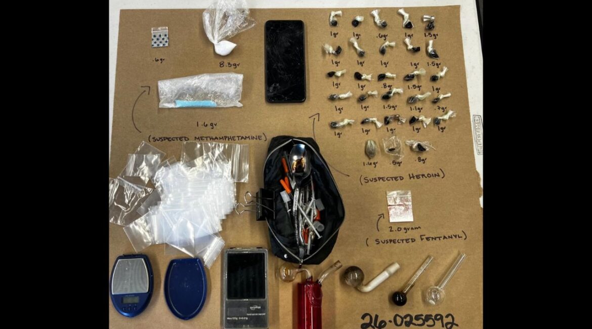 A probation search in Visalia led police to arrest three adults and seize methamphetamine, heroin, and fentanyl packaged for sale on Wednesday, April 8, 2026. (Visalia PD)