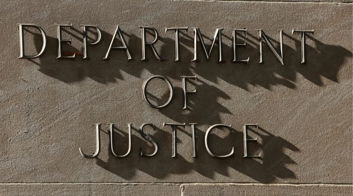 A sign for the U.S. Department of Justice in Washington, D.C., April 6, 2026. (Reuters File)