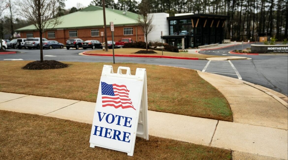 A sign outside a polling place in Kennesaw, Ga., on March 10, 2026. A runoff special election on Tuesday, April 6,2026, in this strongly conservative district in northwest Georgia is one of the first to showcase disagreements over the Iran, war, including within the Republican Party. (Nicole Craine/The New York Times)