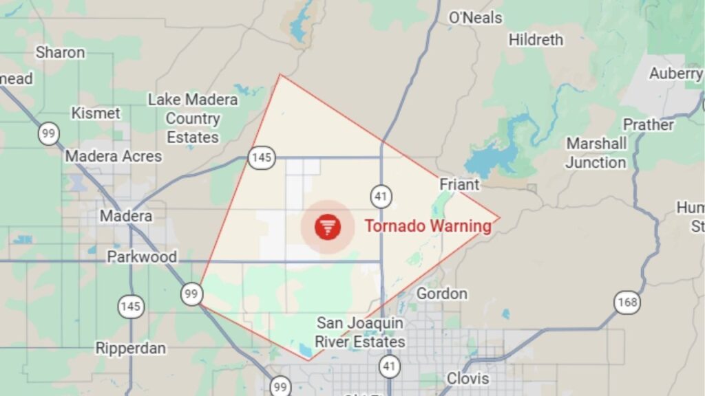 A tornado warning issued by the National Weather Service on Tuesday, April 21, 2026. (Google)