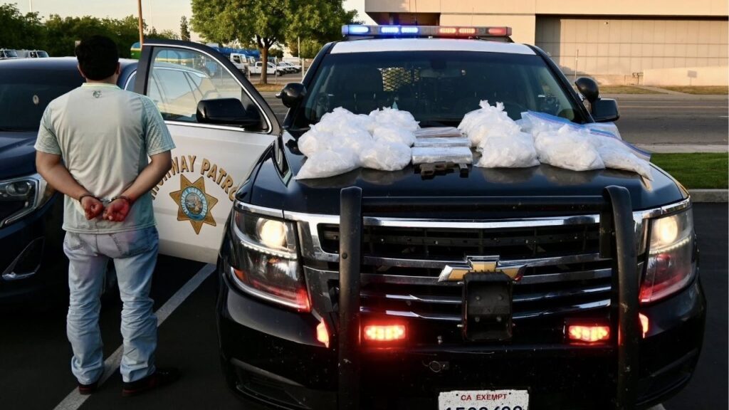 A traffic stop on Interstate 5 in Fresno County on Friday, April 17, 2026, led to the seizure of about 61 pounds of methamphetamine, 7 pounds of fentanyl and a stolen handgun, according to the California Highway Patrol. (CHP)