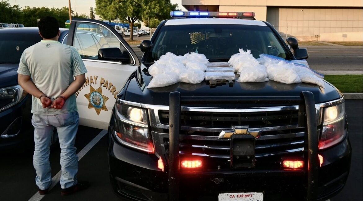 A traffic stop on Interstate 5 in Fresno County on Friday, April 17, 2026, led to the seizure of about 61 pounds of methamphetamine, 7 pounds of fentanyl and a stolen handgun, according to the California Highway Patrol. (CHP)
