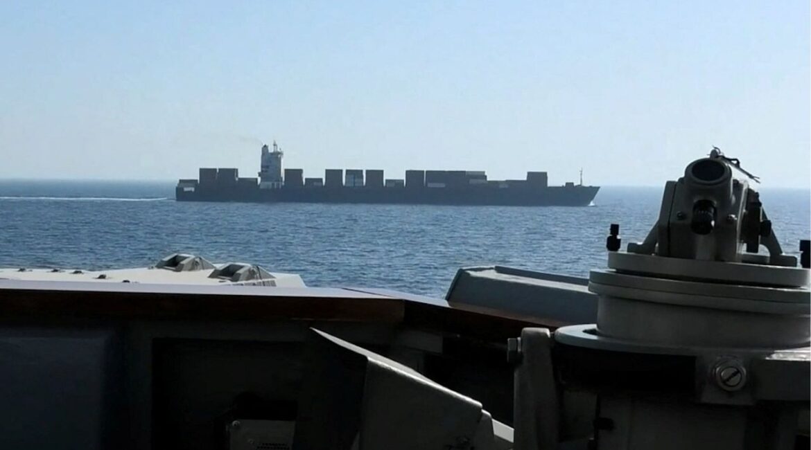 A view of Iranian-flagged cargo ship M/V Touska as the U.S. Navy Arleigh Burke-class Aegis guided missile destroyer USS Spruance conducts its interception in a location given as the north Arabian Sea, in this screen capture from a video released April 19, 2026. CENTCOM/Handout via REUTERS