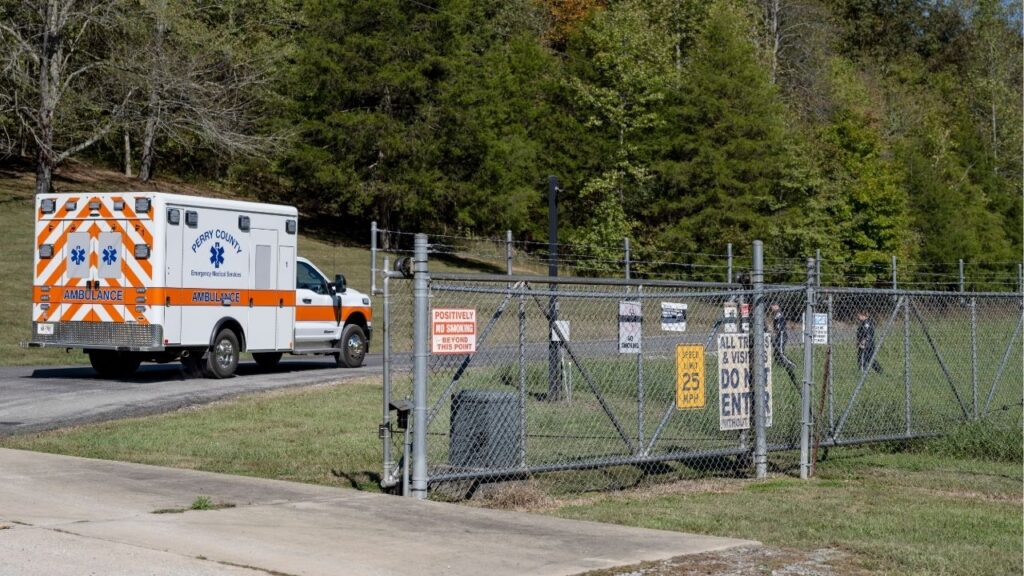 An ambulance arrives at Accurate Energetic System in Bucksnort, Tenn., Oct. 11, 2025. Tennessee has fined an ammunition plant more than $3.1 million for a series of health and safety violations, months after an explosion at the plant killed 16 people and injured others. (Austin Anthony/The New York Times)