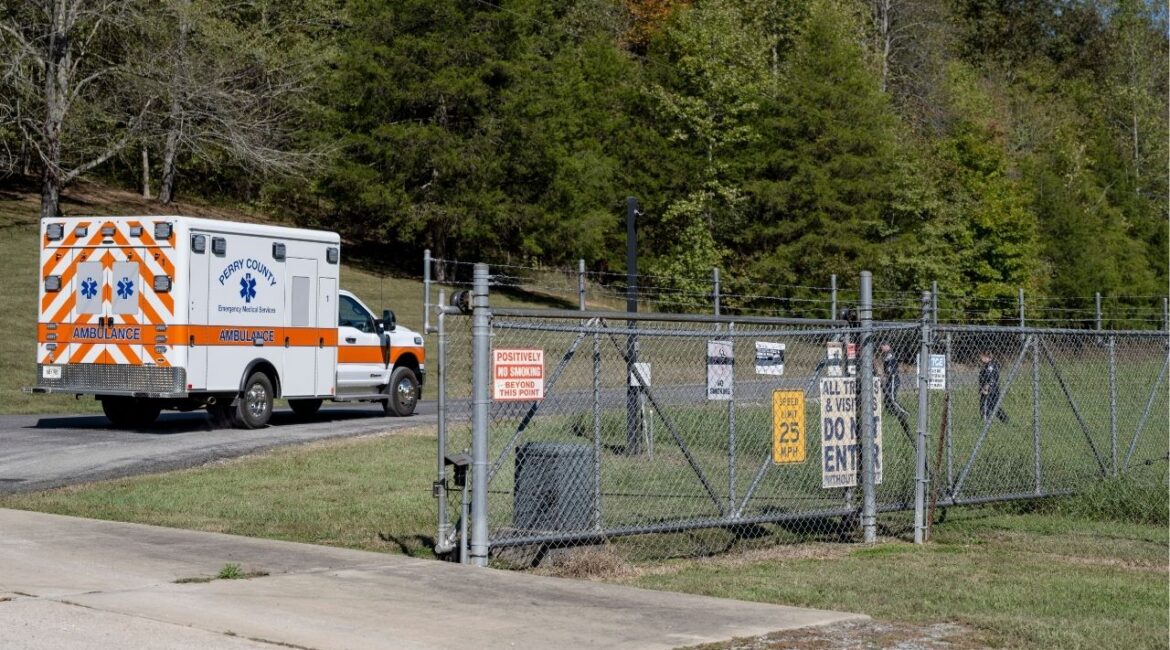 An ambulance arrives at Accurate Energetic System in Bucksnort, Tenn., Oct. 11, 2025. Tennessee has fined an ammunition plant more than $3.1 million for a series of health and safety violations, months after an explosion at the plant killed 16 people and injured others. (Austin Anthony/The New York Times)