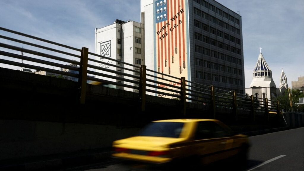 An anti-U.S. mural on a building, amid a ceasefire between U.S. and Iran, in Tehran, Iran, April 27, 2026. (Majid Asgaripour/WANA via Reuters)
