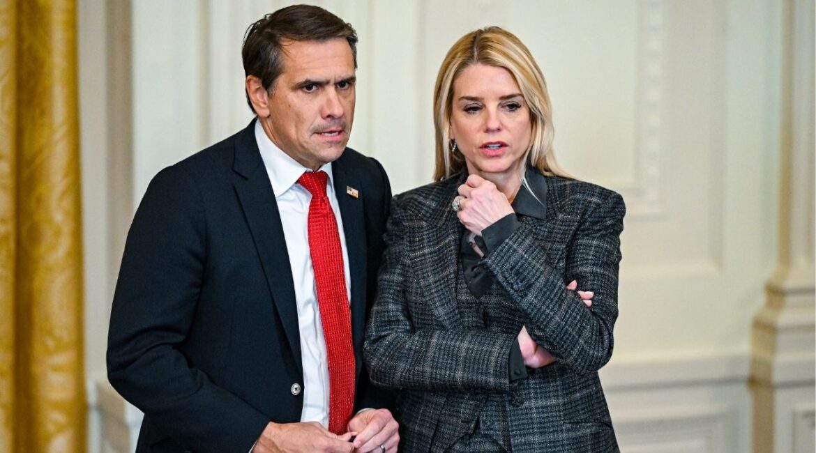 Attorney General Pam Bondi, right, speaks with Deputy Attorney General Todd Blanche during an event with President Donald Trump at the White House in Washington, Jan. 15, 2026. In his first news conference since being elevated to acting attorney general, Todd Blanche said that “nobody has any idea” what led to Pam Bondi’s dismissal other than President Trump. (Kenny Holston/The New York Times)