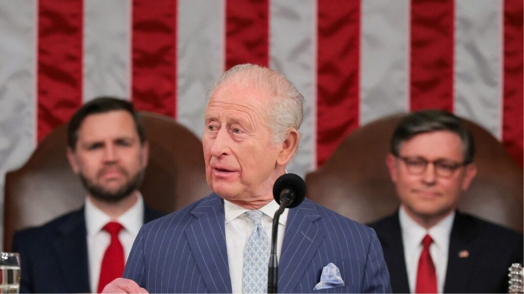 Britain's King Charles addresses a joint meeting of Congress, next to U.S. Vice President JD Vance and U.S. House Speaker Mike Johnson (R-LA), in the House Chamber of the U.S. Capitol in Washington, D.C., U.S., April 28, 2026. (Reuters/Kylie Cooper/Pool)
