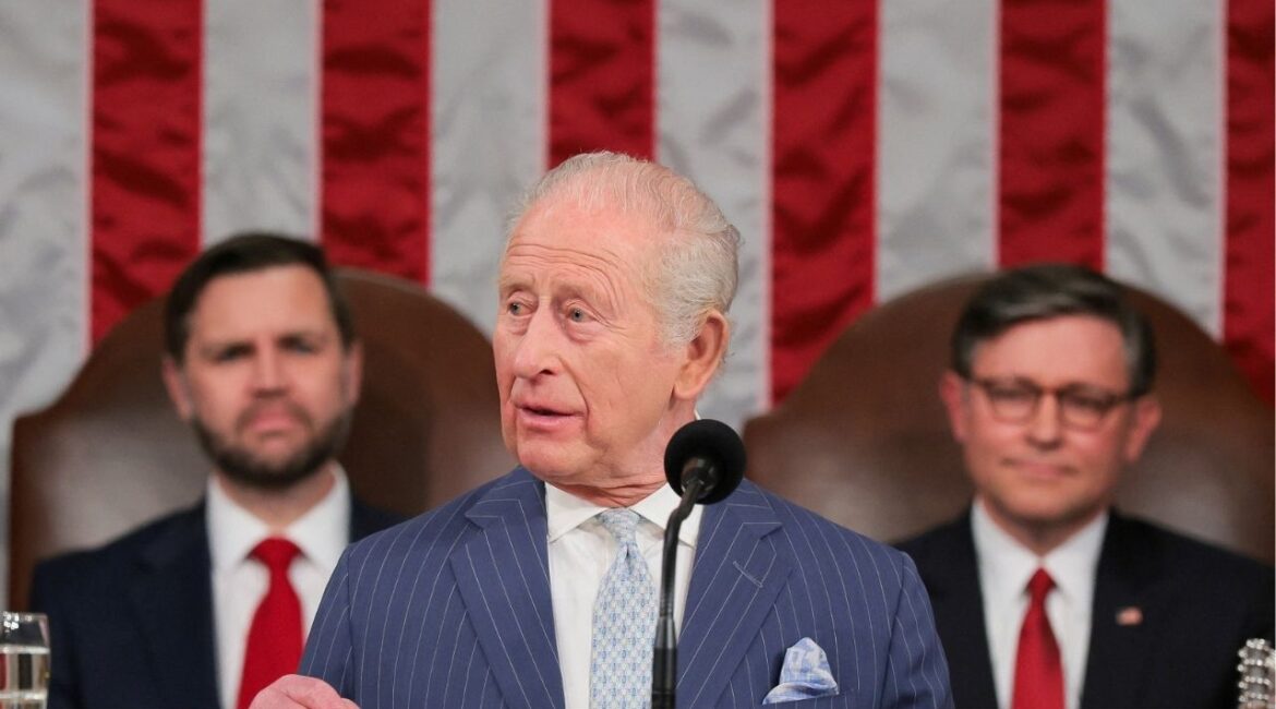 Britain's King Charles addresses a joint meeting of Congress, next to U.S. Vice President JD Vance and U.S. House Speaker Mike Johnson (R-LA), in the House Chamber of the U.S. Capitol in Washington, D.C., U.S., April 28, 2026. (Reuters/Kylie Cooper/Pool)