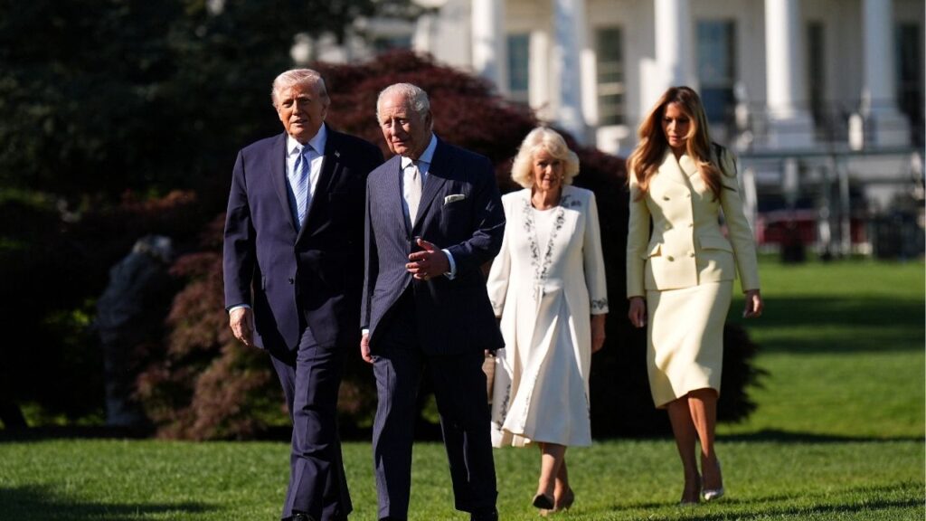 Britain's King Charles and Queen Camilla walk as they join US President Donald Trump and US First Lady Melania for a tour of the White House beehives in the grounds of the White House, on day one of the state visit to the US, in Washington D.C., U.S., April 27, 2026. (Aaron Chown/Pool via Reuters)