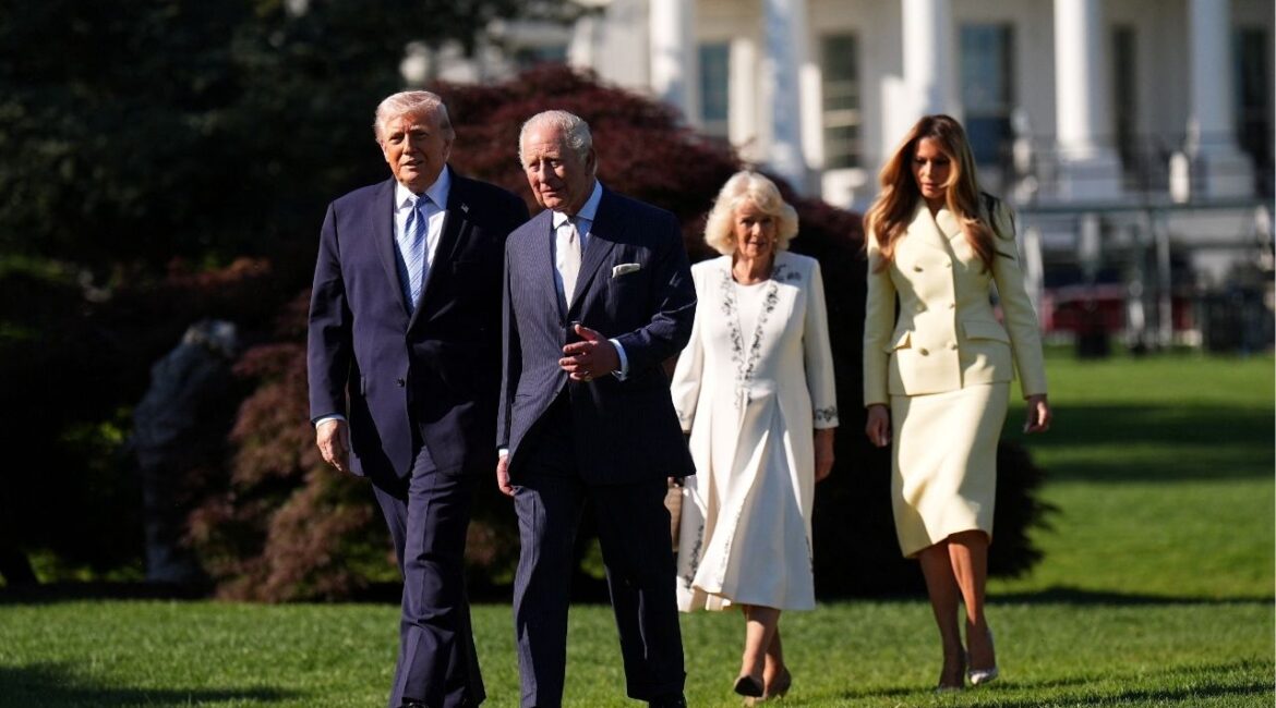 Britain's King Charles and Queen Camilla walk as they join US President Donald Trump and US First Lady Melania for a tour of the White House beehives in the grounds of the White House, on day one of the state visit to the US, in Washington D.C., U.S., April 27, 2026. (Aaron Chown/Pool via Reuters)