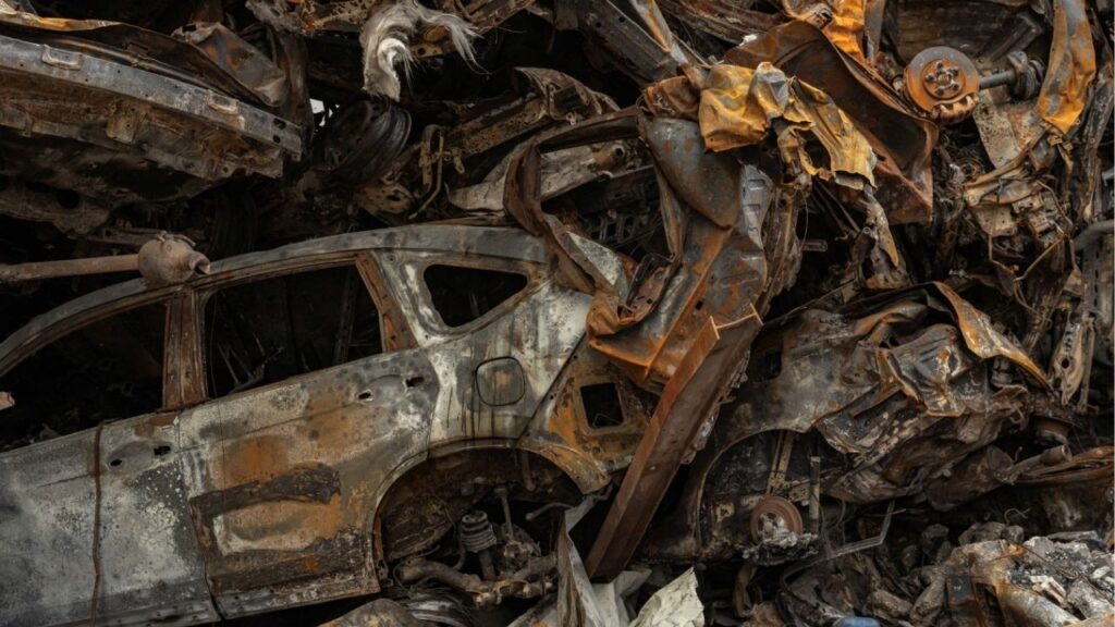 Burnt cars are piled at the site of an Israeli strike in Beirut, Lebanon, April 19. (Reuters/Marko Djurica)