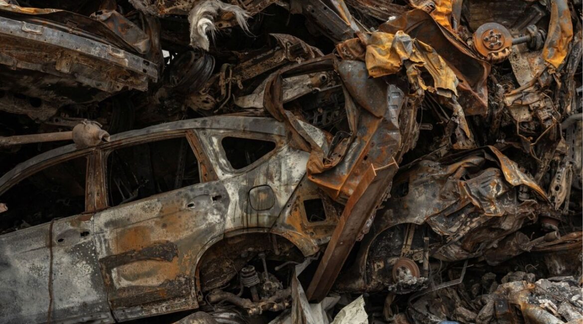 Burnt cars are piled at the site of an Israeli strike in Beirut, Lebanon, April 19. (Reuters/Marko Djurica)