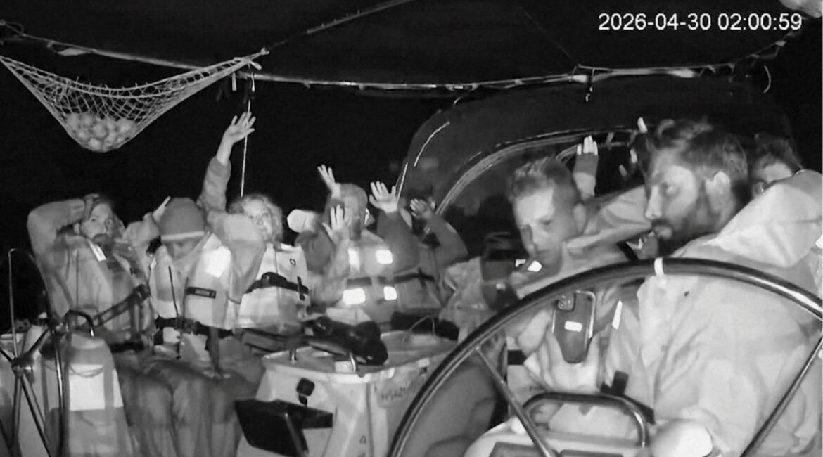 CCTV footage shows crew members of the second flotilla that sailed from the Spanish port of Barcelona, carrying humanitarian aid to Palestinians in Gaza, raise their arms as the vessel is said to be intercepted by the Israeli Army, at a location given as at sea off the coast of Greece, April 30, 2026, in this screengrab taken from a handout video. Global Sumud Flotilla/Handout via REUTERS
