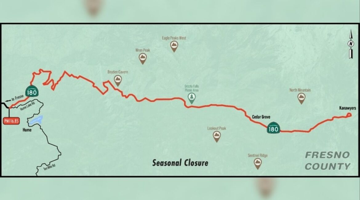 Caltrans announced that Highway 180 will reopen Friday, April 24, 2026, from Hume Lake Road down to Roads End in Cedar Grove after the winter closure. (Caltrans)