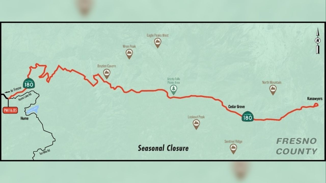 Caltrans announced that Highway 180 will reopen Friday, April 24, 2026, from Hume Lake Road down to Roads End in Cedar Grove after the winter closure. (Caltrans)