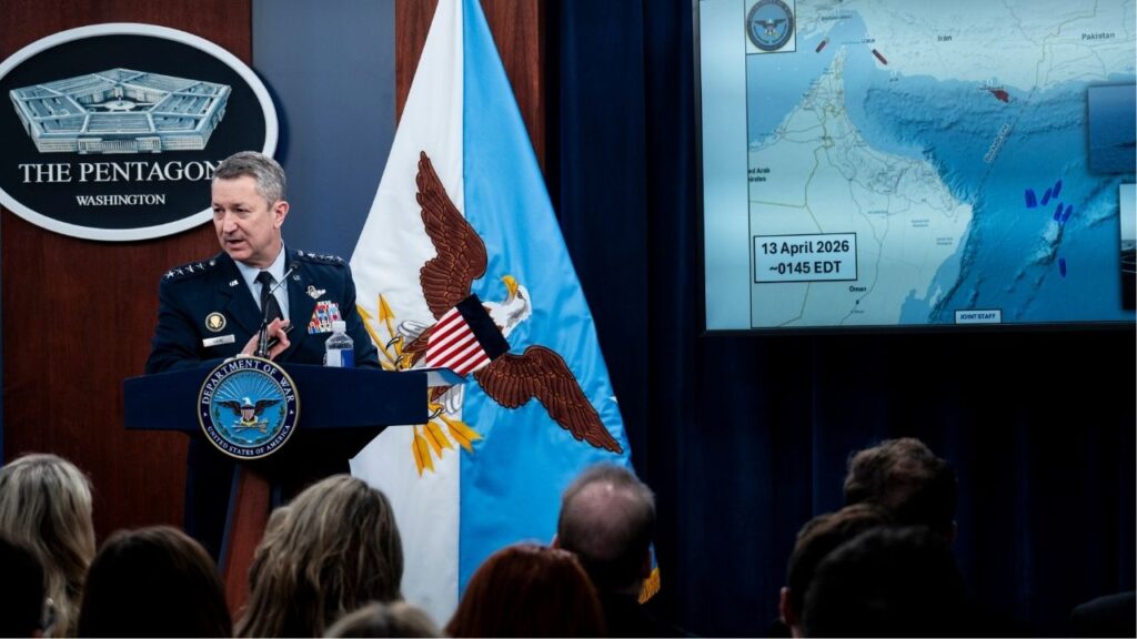 Chairman of the Joint Chiefs of Staff, Gen. Dan Caine, provides updates on the war in Iran at the Pentagon in Arlington, Va., Thursday, April 16, 2026. The Navy destroyers enforcing a blockade of Iranian ports carry weapons fielded after an American warship was attacked and nearly sunk more than 25 years ago. (Pete Marovich/The New York Times)
