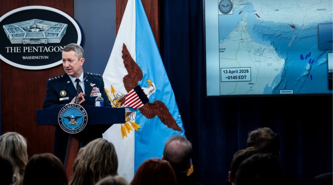 Chairman of the Joint Chiefs of Staff, Gen. Dan Caine, provides updates on the war in Iran at the Pentagon in Arlington, Va., Thursday, April 16, 2026. The Navy destroyers enforcing a blockade of Iranian ports carry weapons fielded after an American warship was attacked and nearly sunk more than 25 years ago. (Pete Marovich/The New York Times)