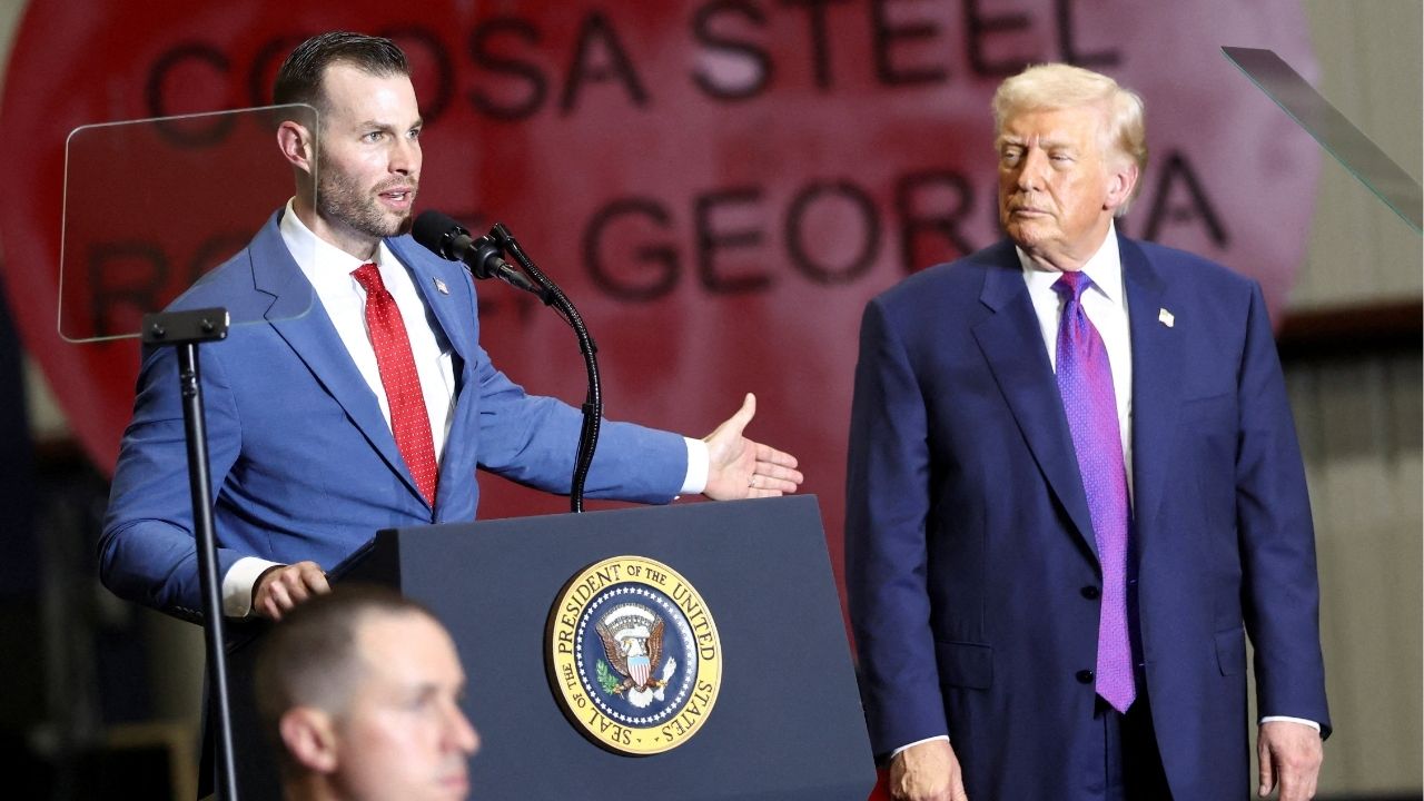Clay Fuller speaks next to U.S. President Donald Trump, during a visit to the Coosa Steel Corporation in Rome, Georgia, U.S., February 19, 2026. REUTERS/Kevin Lamarque/File Photo