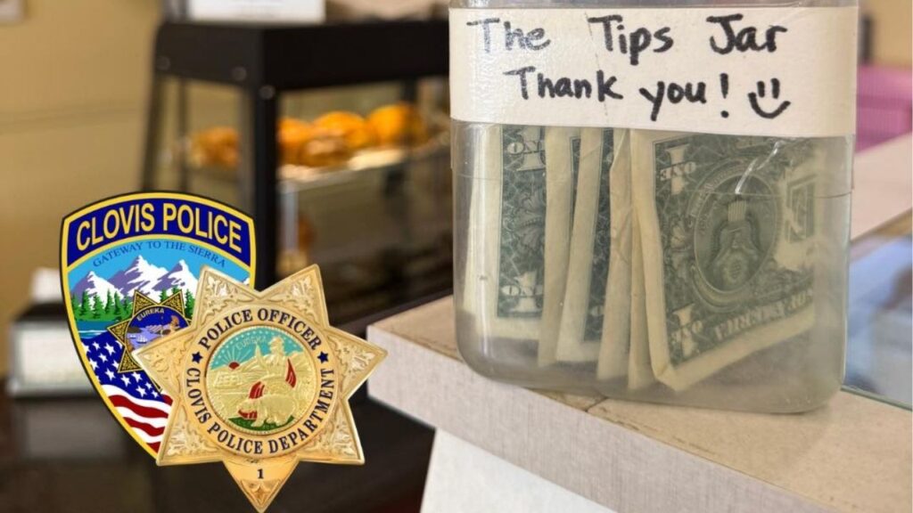 Clovis police said a suspect was arrested and a stolen donut shop tips jar containing about $10 was recovered after a drone helped locate the suspect on Monday, April 13, 2026. (Clovis PD)