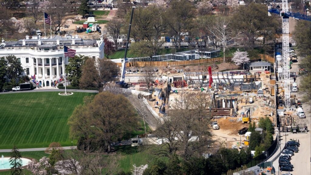 Construction of a new ballroom on the East Wing of the White House in Washington, March 25, 2026. President Donald Trump has been talking about the emergency facility beneath what was once the East Wing, details of which are usually kept secret, as he tries to justify his renovation. (Doug Mills/The New York Times)