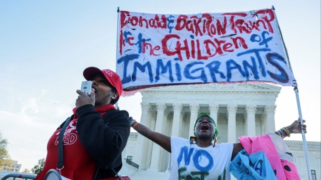Demonstrators gather outside the U.S. Supreme Court building on the day the court is expected to hear oral arguments on the legality of the Trump administration's effort to limit birthright citizenship for the children of immigrants, in Washington, D.C., U.S., April 1, 2026. REUTERS/Jonathan Ernst