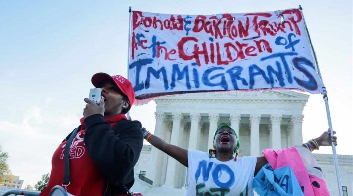 Demonstrators gather outside the U.S. Supreme Court building on the day the court is expected to hear oral arguments on the legality of the Trump administration's effort to limit birthright citizenship for the children of immigrants, in Washington, D.C., U.S., April 1, 2026. REUTERS/Jonathan Ernst