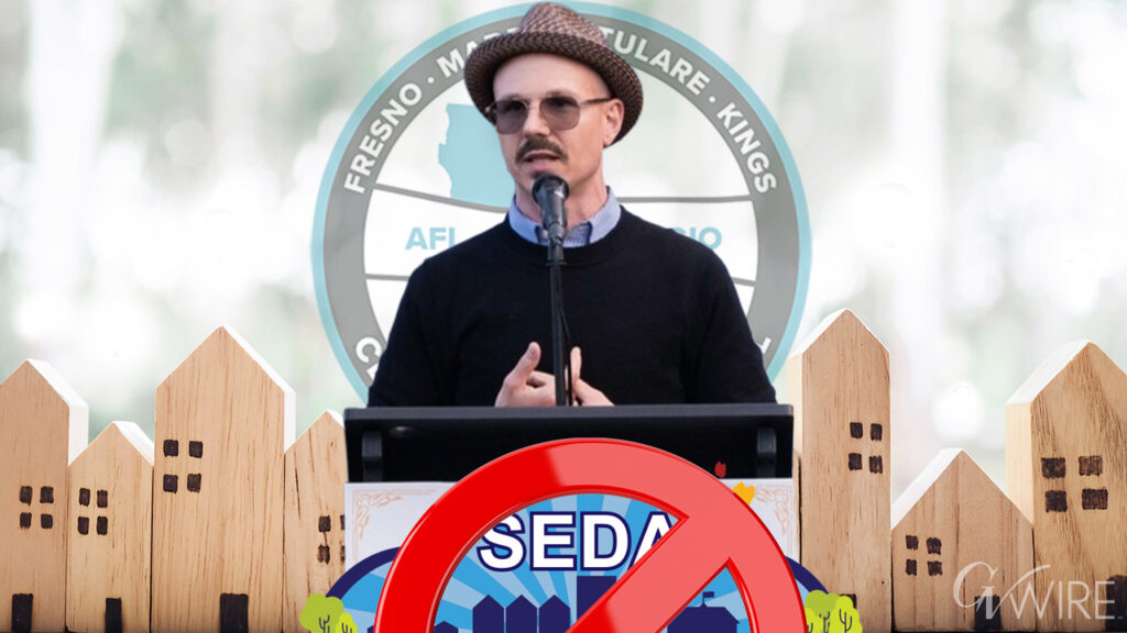 Composite Image of Fresno labor leader Dillon Savory with a skyline of houses and a no on SEDA logo