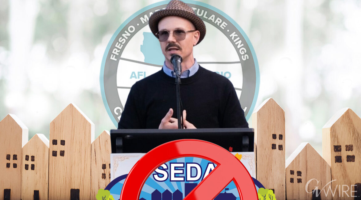 Composite Image of Fresno labor leader Dillon Savory with a skyline of houses and a no on SEDA logo