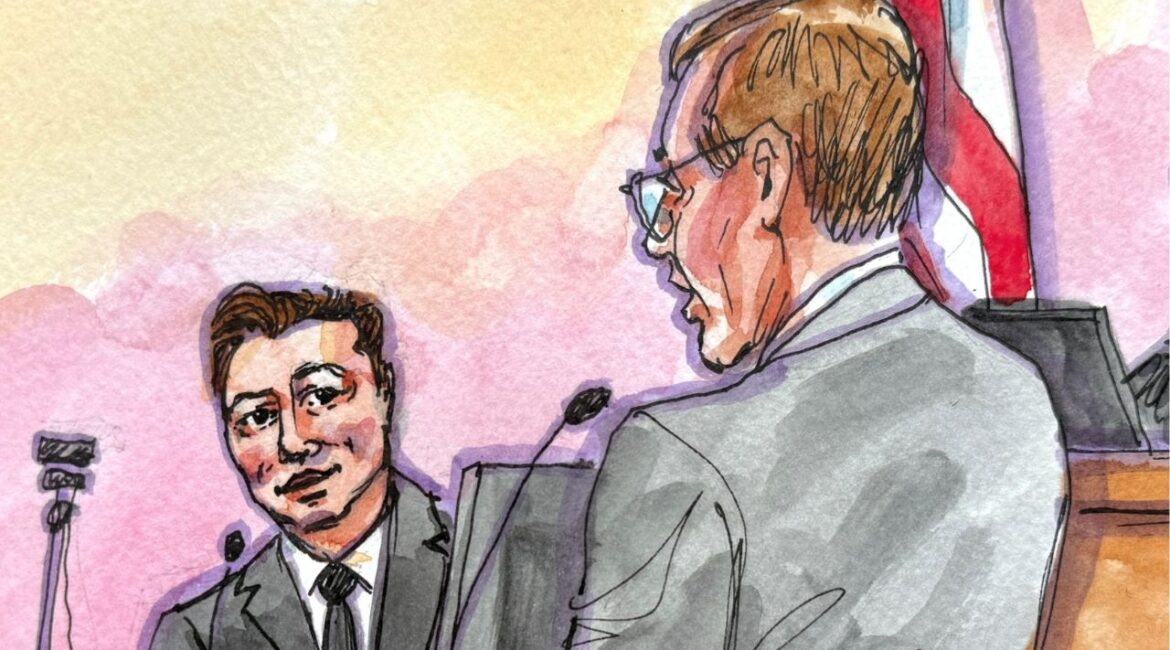 Elon Musk is questioned by his attorney Steven Molo during Musk's lawsuit over OpenAI for-profit conversion at a federal courthouse in Oakland, California, U.S., April 28, 2026 in a courtroom sketch. REUTERS/Vicki Behringer.